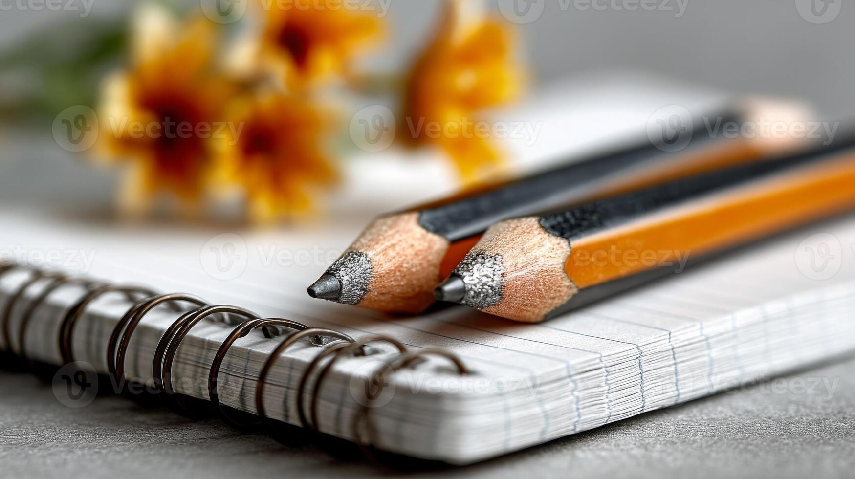 Close-up of Two Sharpened Pencils on a Notepad with Orange Flowers photo