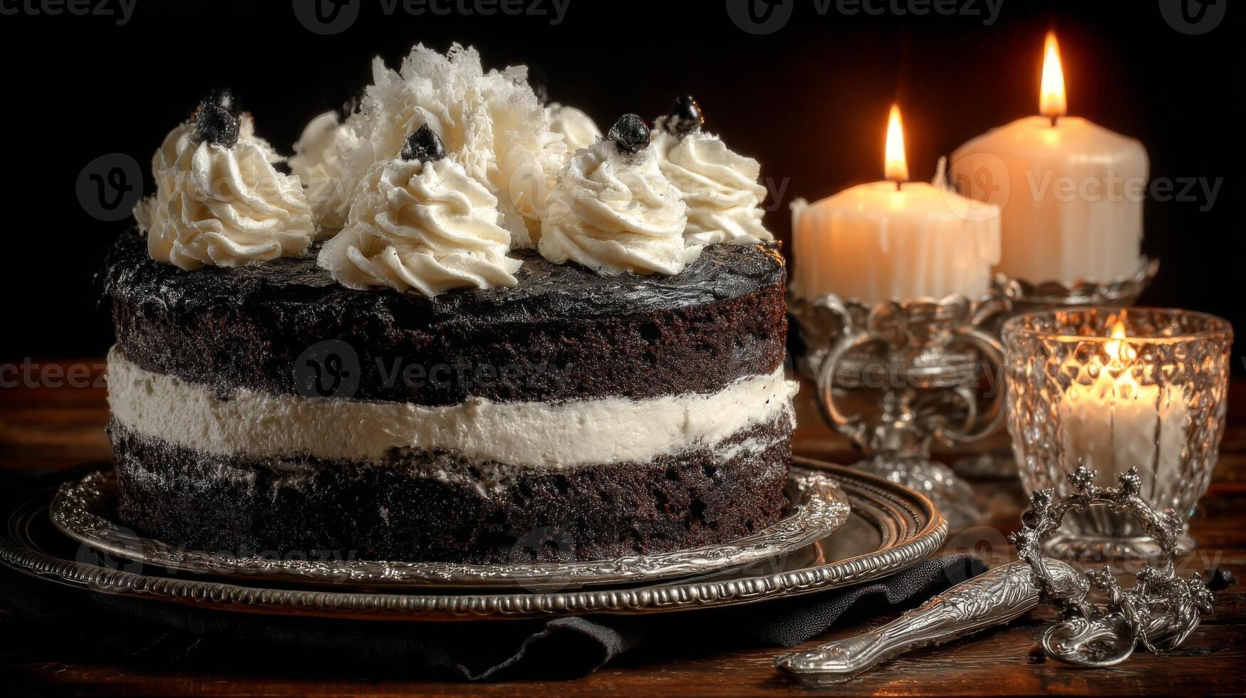Dark Chocolate Layer Cake with White Cream and Candles photo