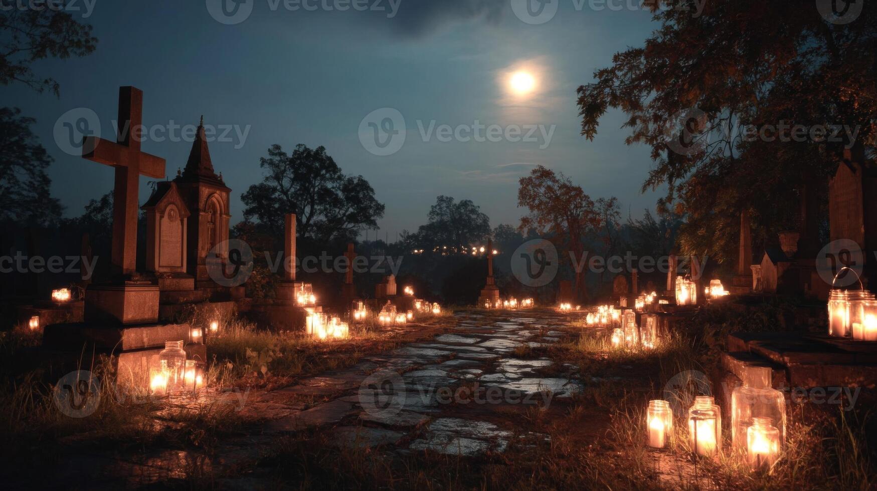 Moonlit Cemetery Path with Burning Candles photo