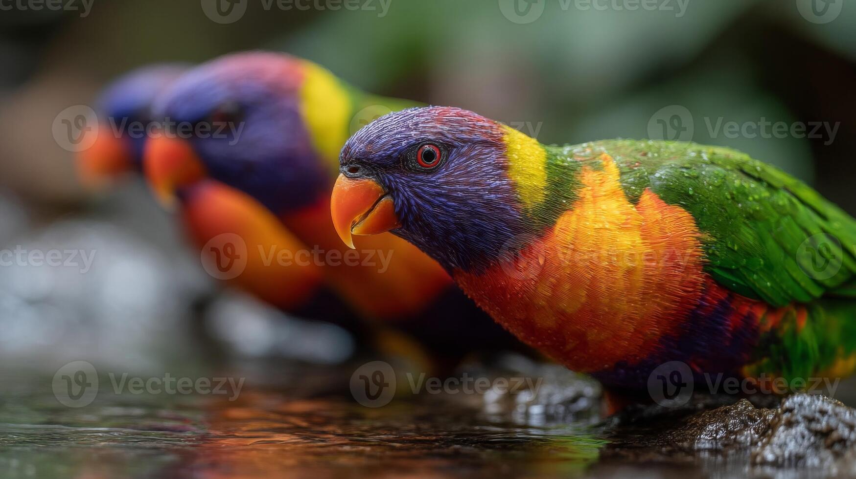 Two Colorful Parrots Drinking Water Closeup photo
