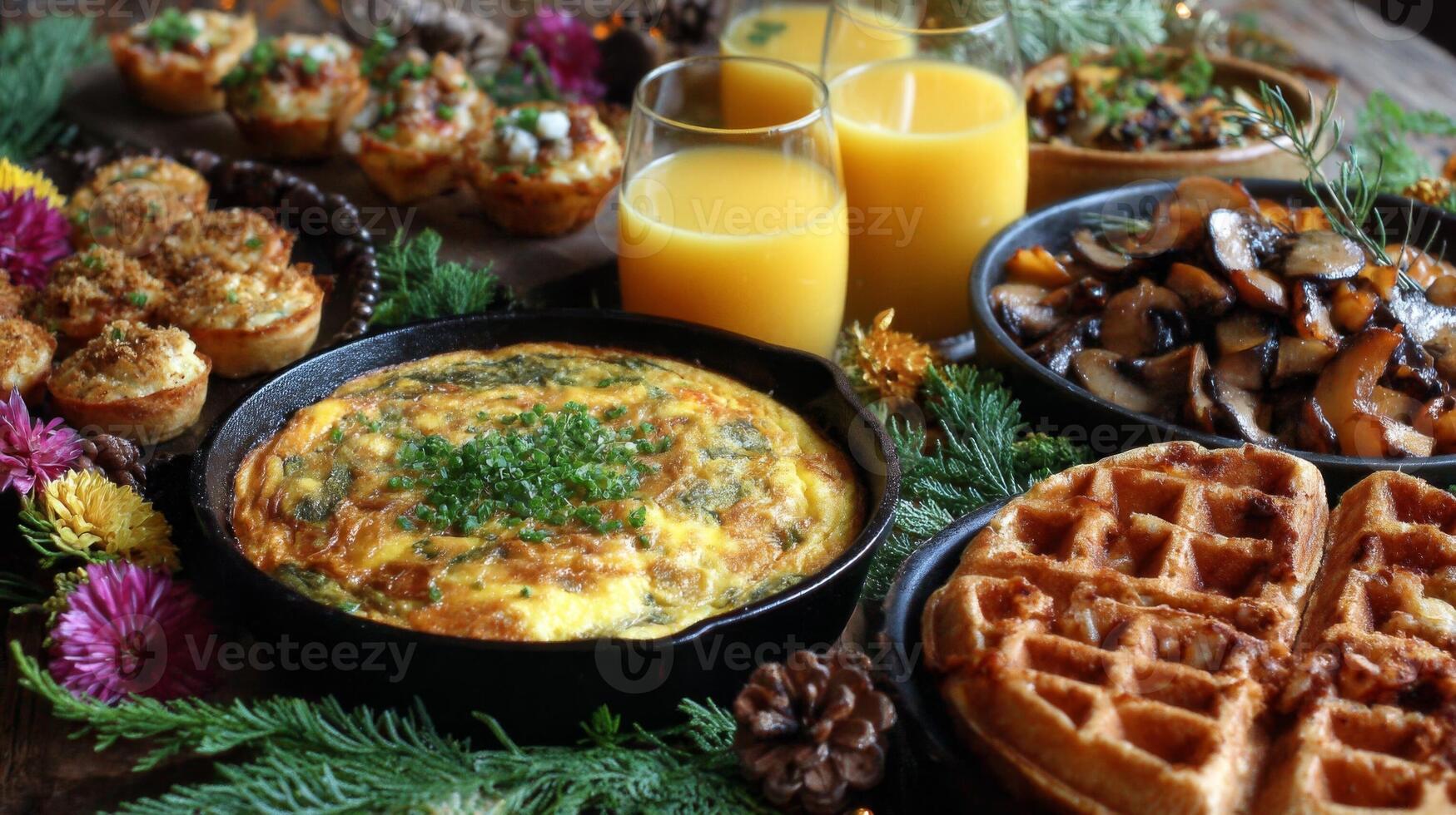 Rustic Brunch Table Setting with Quiche Waffles and Orange Juice photo