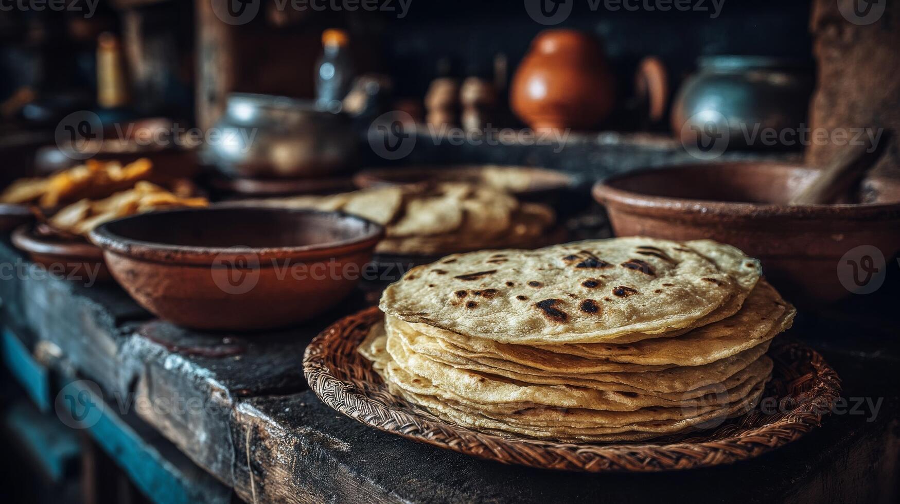 Closeup of Stacked Homemade Tortillas on Rustic Wooden Table photo