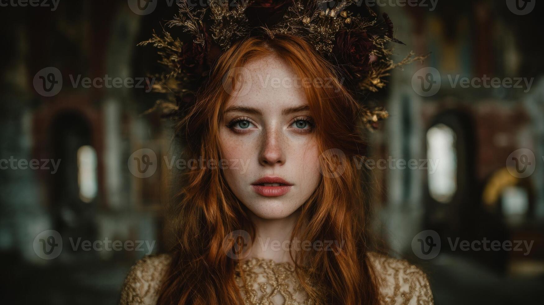 Portrait of a Redhead Woman in a Gold Dress Wearing a Flower Crown photo