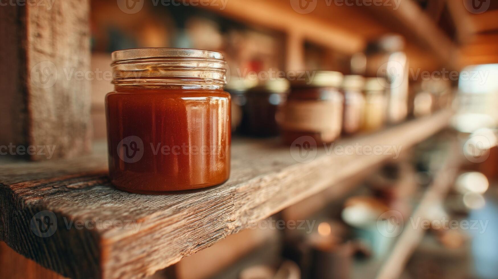Amber Jar of Orange Jam on Rustic Wooden Shelf photo