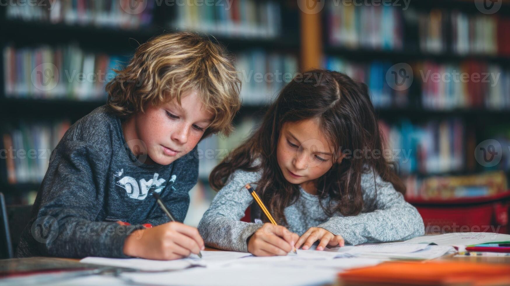 Two Children Drawing Together at Library Table photo