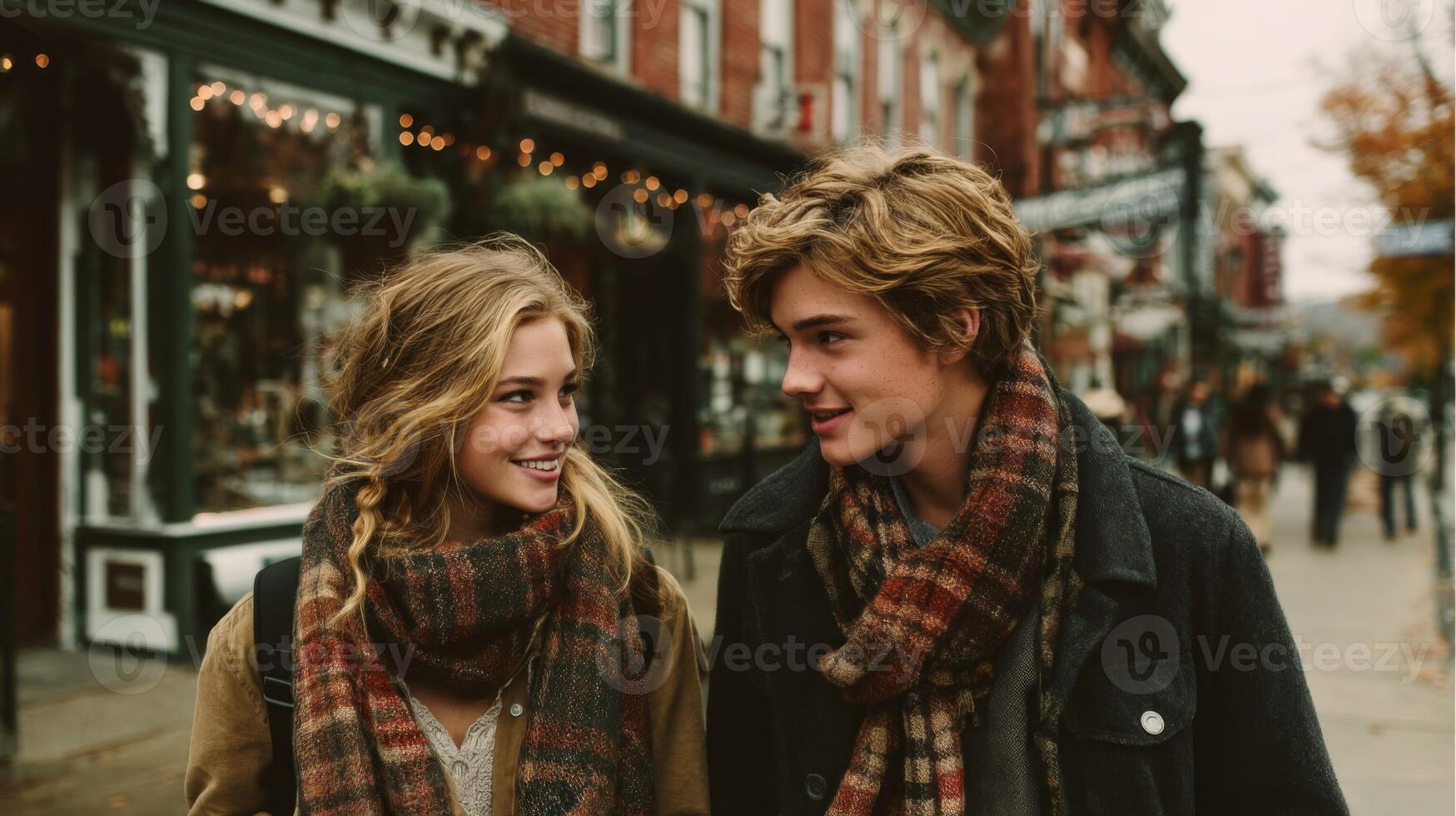 Young Couple Walking in Autumn City Street photo