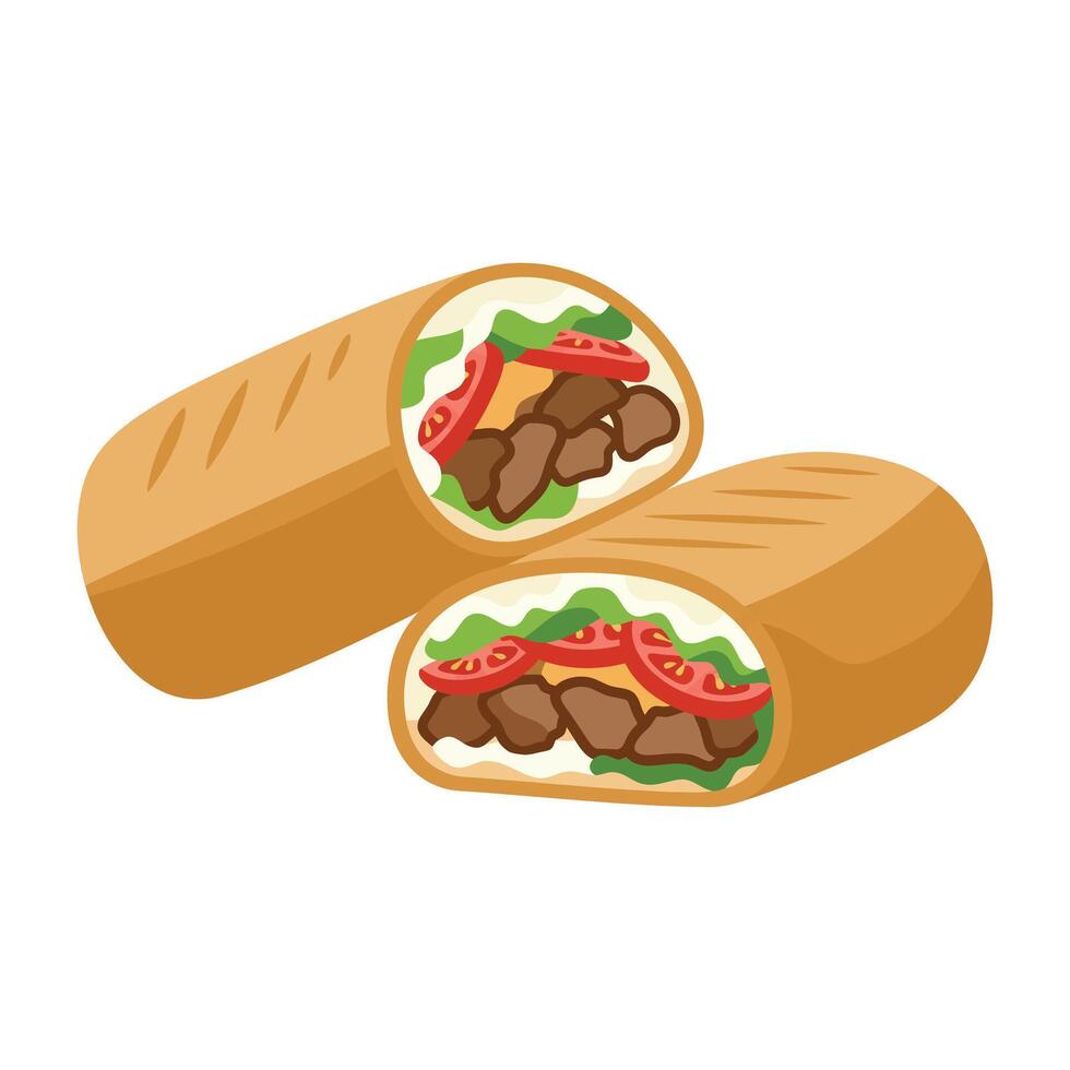 Delicious beef burrito cut in half isolated on white background vector