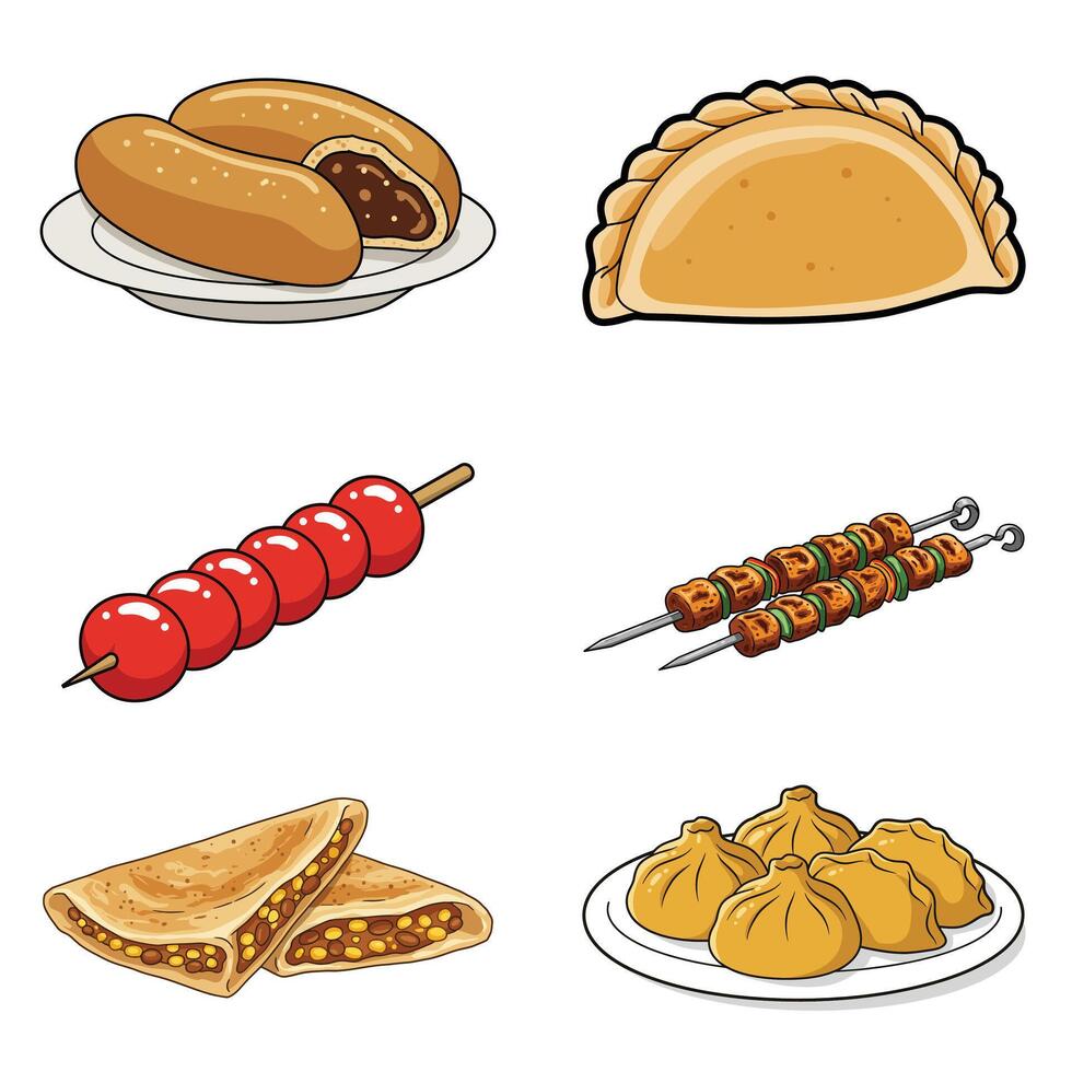 set of popular Asian street foods including dumplings, skewers, crepes, buns, and pastries vector