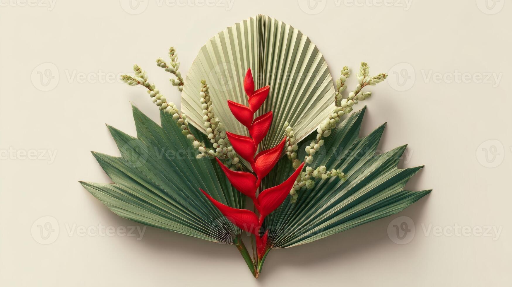 Red Tropical Flowers and Green Palm Leaves Flatlay photo