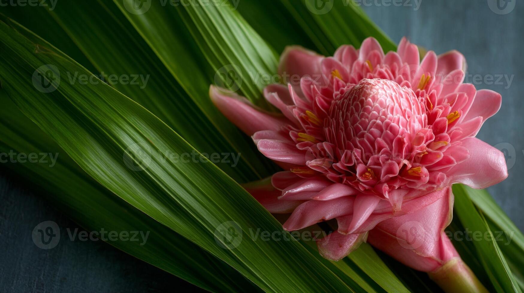Pink Ginger Flower with Green Leaves photo