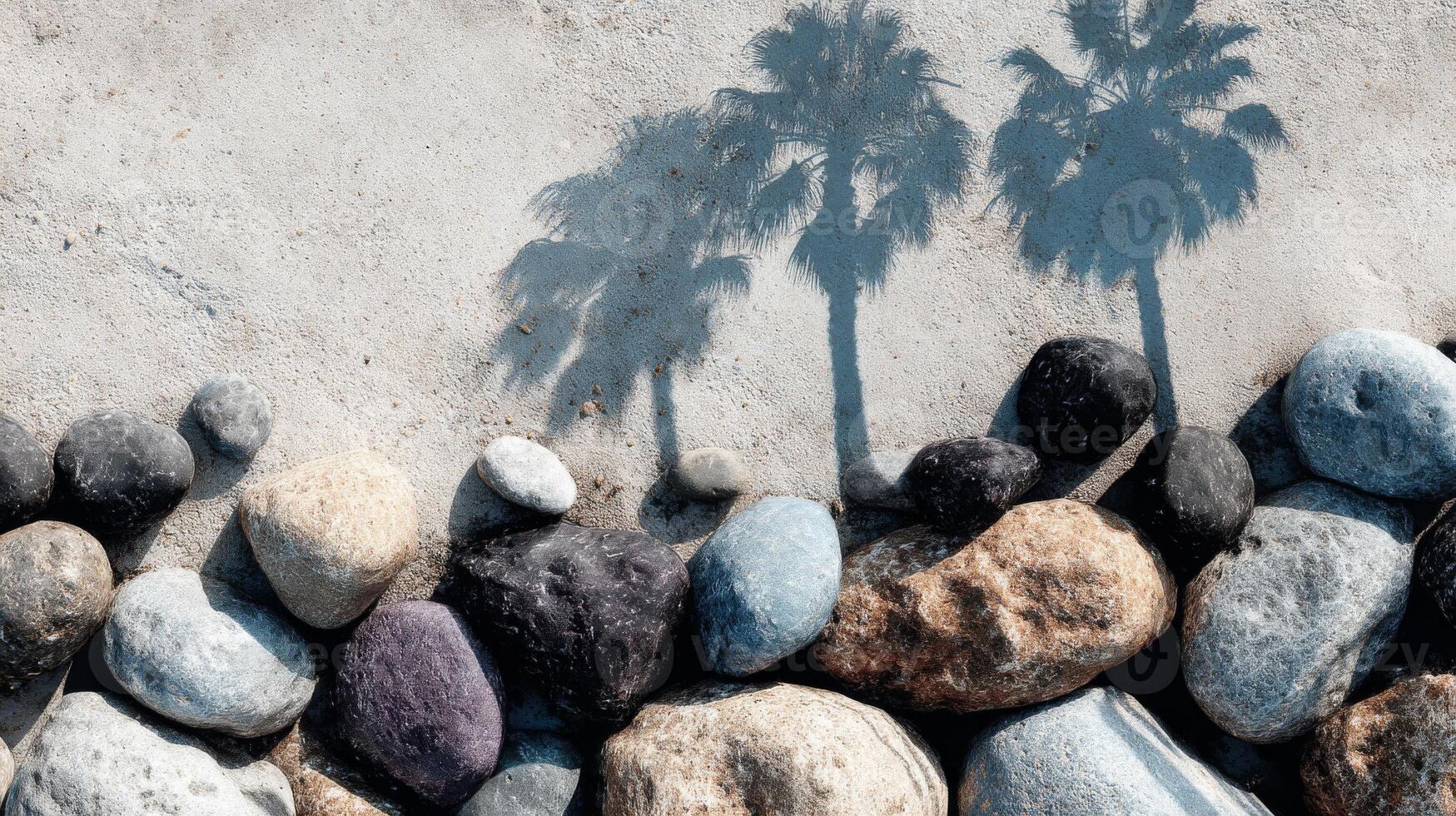 Smooth Stones and Palm Tree Shadows on Sandy Beach photo
