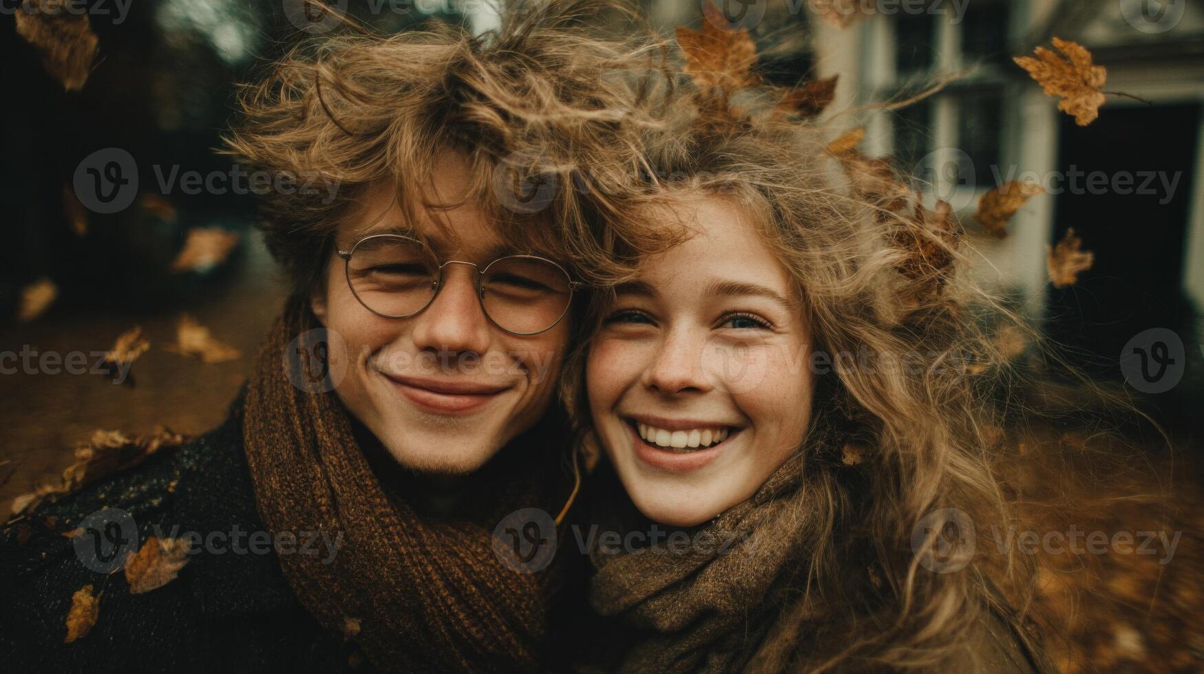 Happy Young Couple Amid Falling Autumn Leaves photo