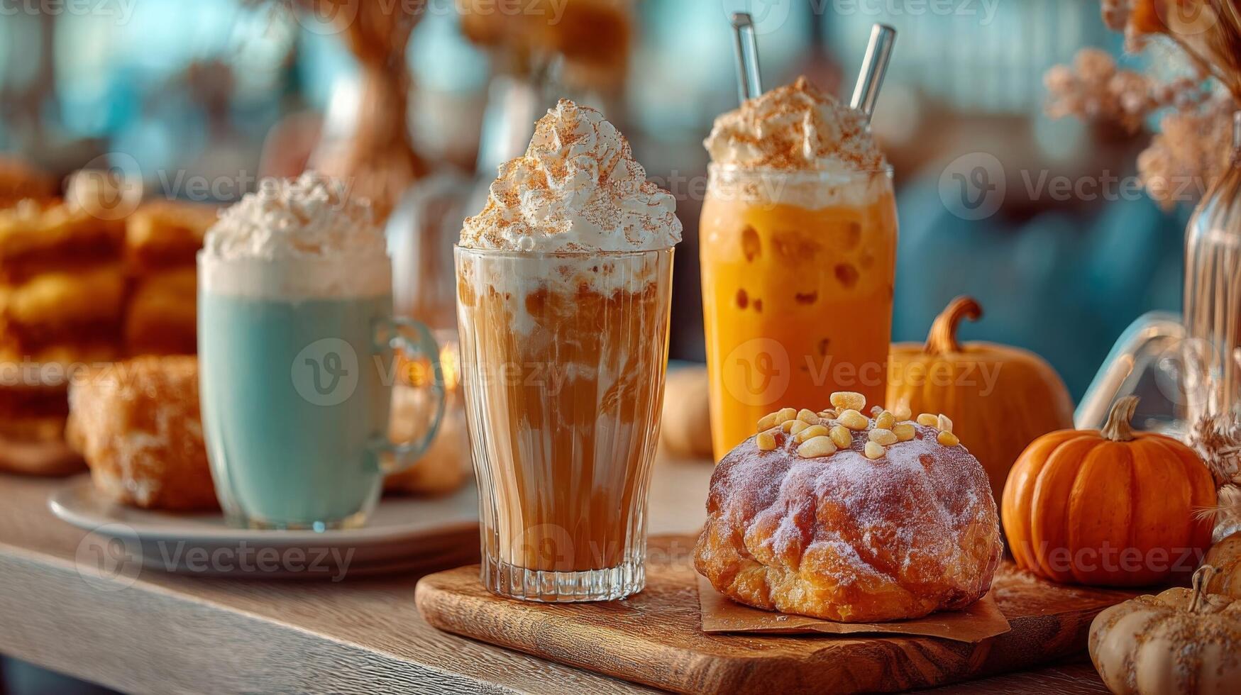 Pumpkin Spice Latte and Autumn Pastries on Wooden Table photo