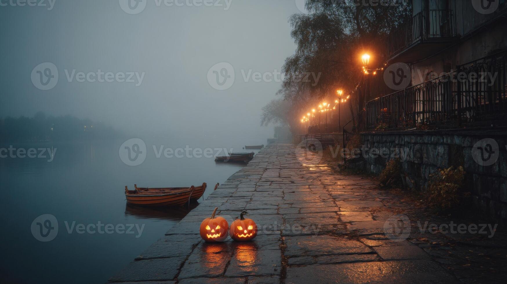 Spooky Pumpkins by Foggy River at Night photo