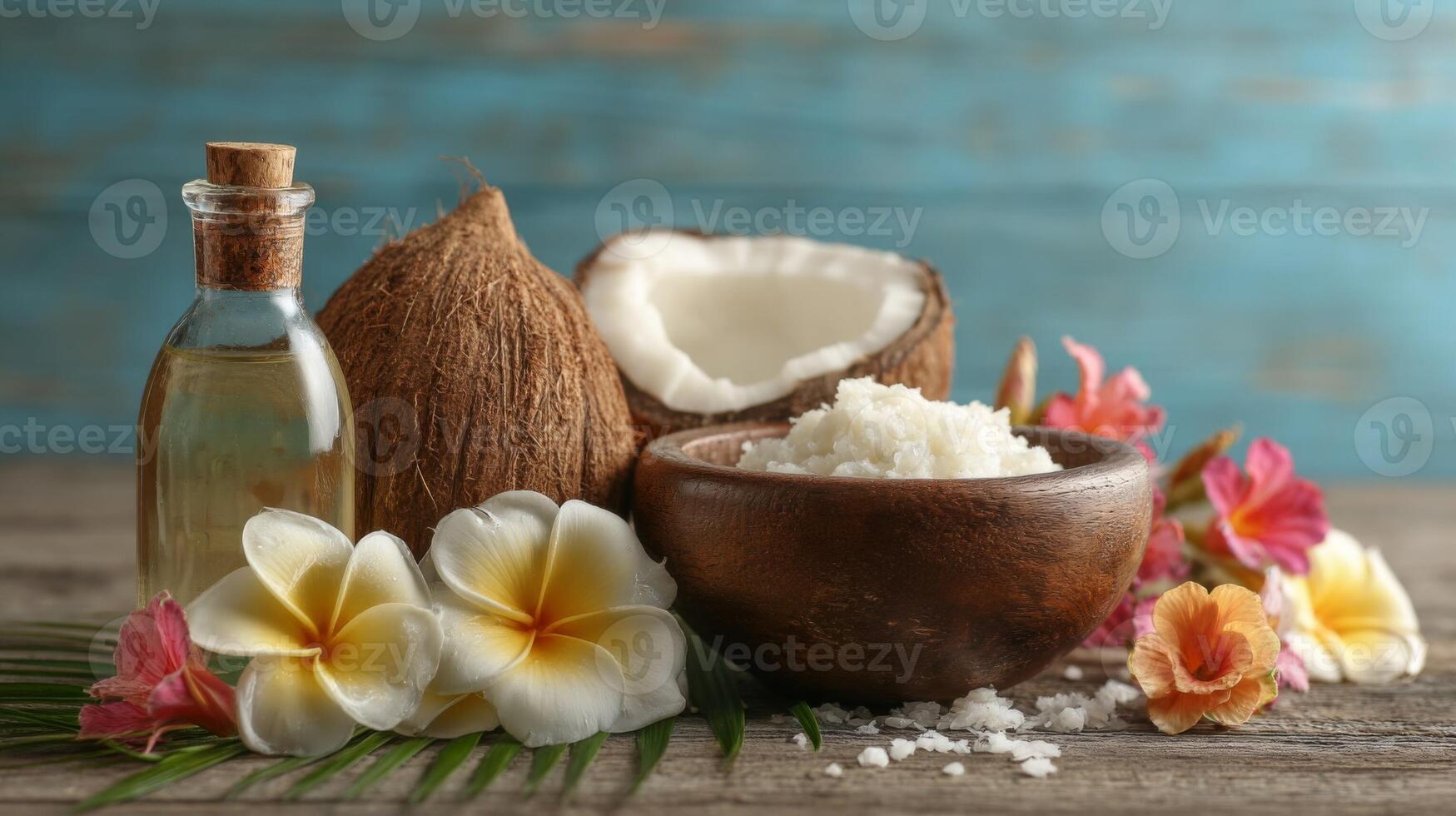 Coconut Oil, Salt, and Tropical Flowers on Wooden Background photo