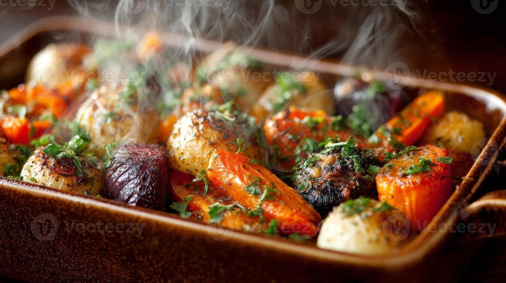 Roasted Root Vegetables with Herbs in a Brown Dish photo