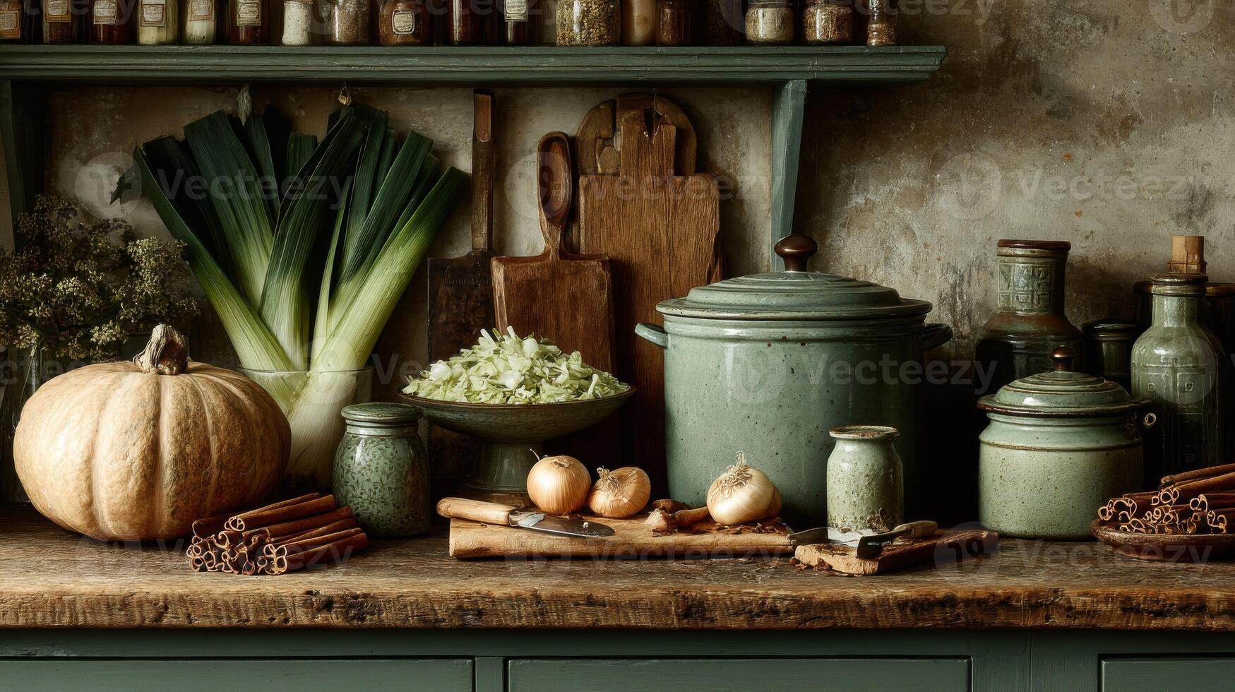 Rustic Kitchen Still Life with Earthenware Pottery and Autumn Vegetables photo