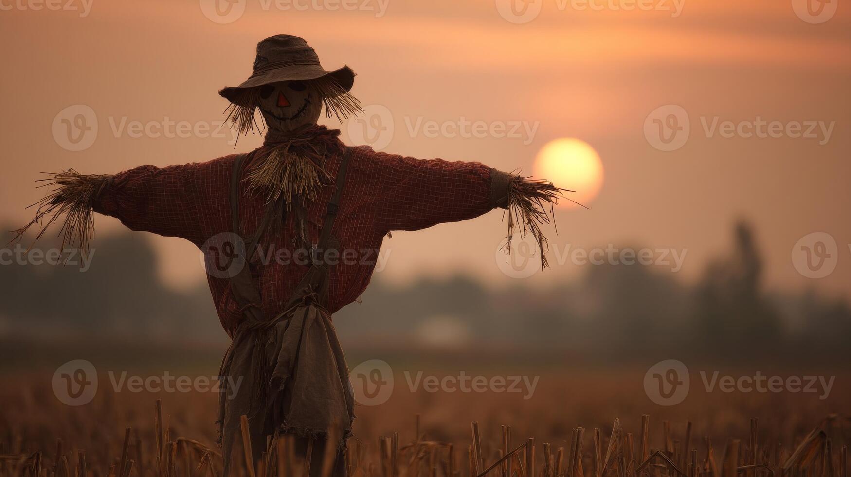 Rustic Scarecrow in a Wheat Field at Sunset photo