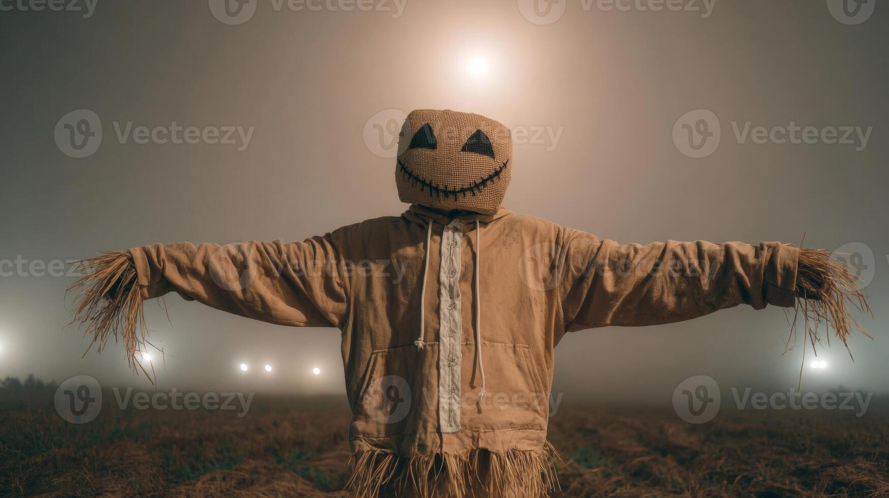 Eerie Scarecrow in Foggy Field at Night photo