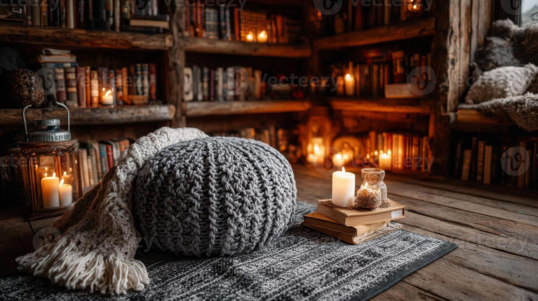 Cozy Winter Library with Warm Candlelight photo