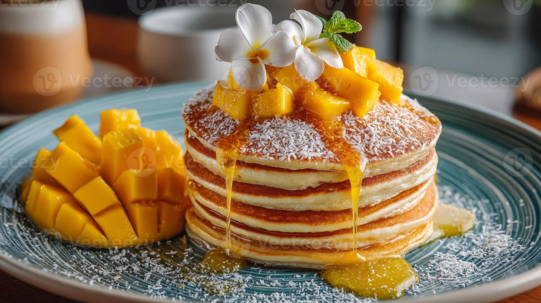 Stack of Pancakes Topped with Mango and Flowers photo