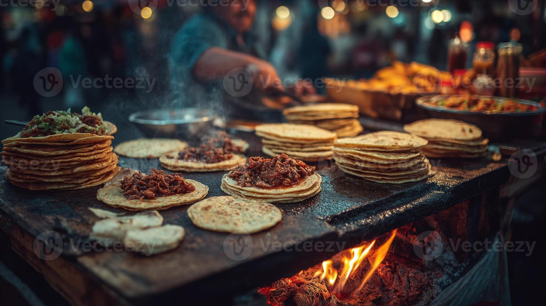 Warm Evening Street Food Scene Tacos Prepared Over Open Fire photo