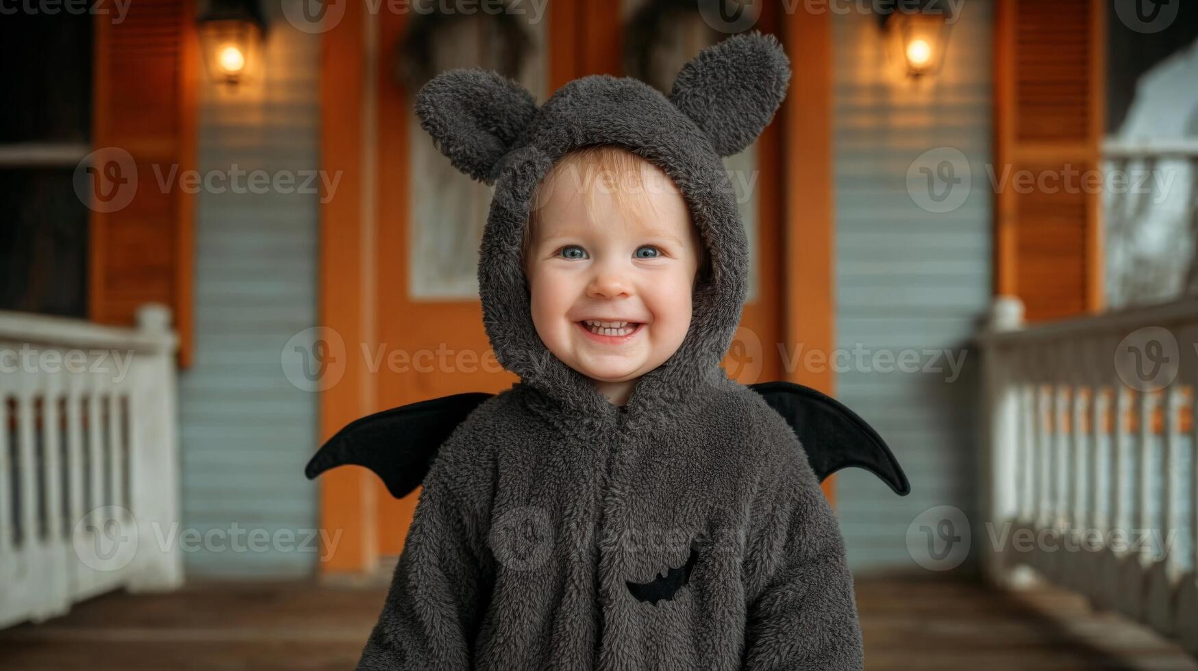 Smiling Toddler in Grey Bat Costume on Porch photo