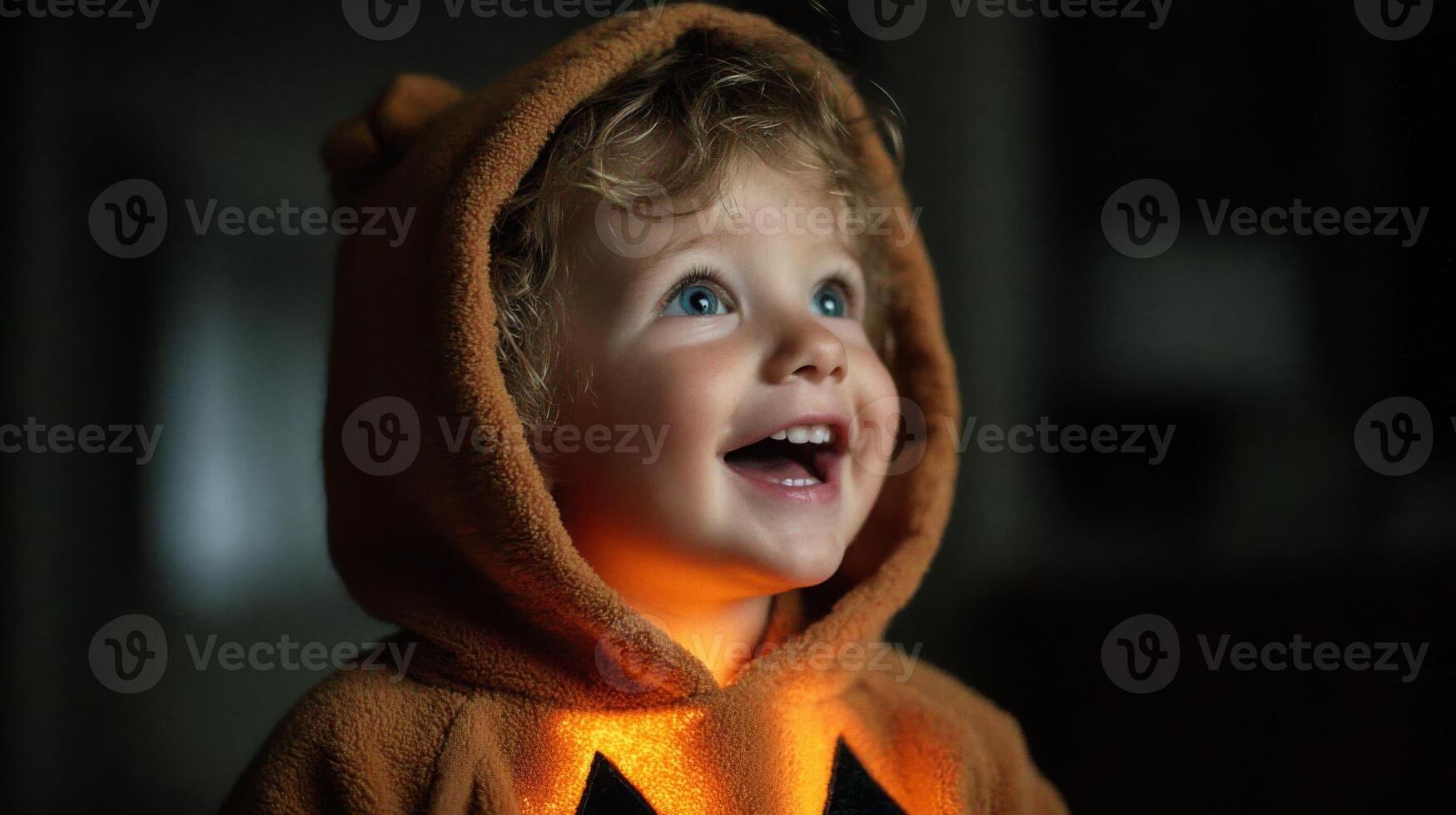 Happy Toddler in Pumpkin Costume, Low-Light Portrait photo
