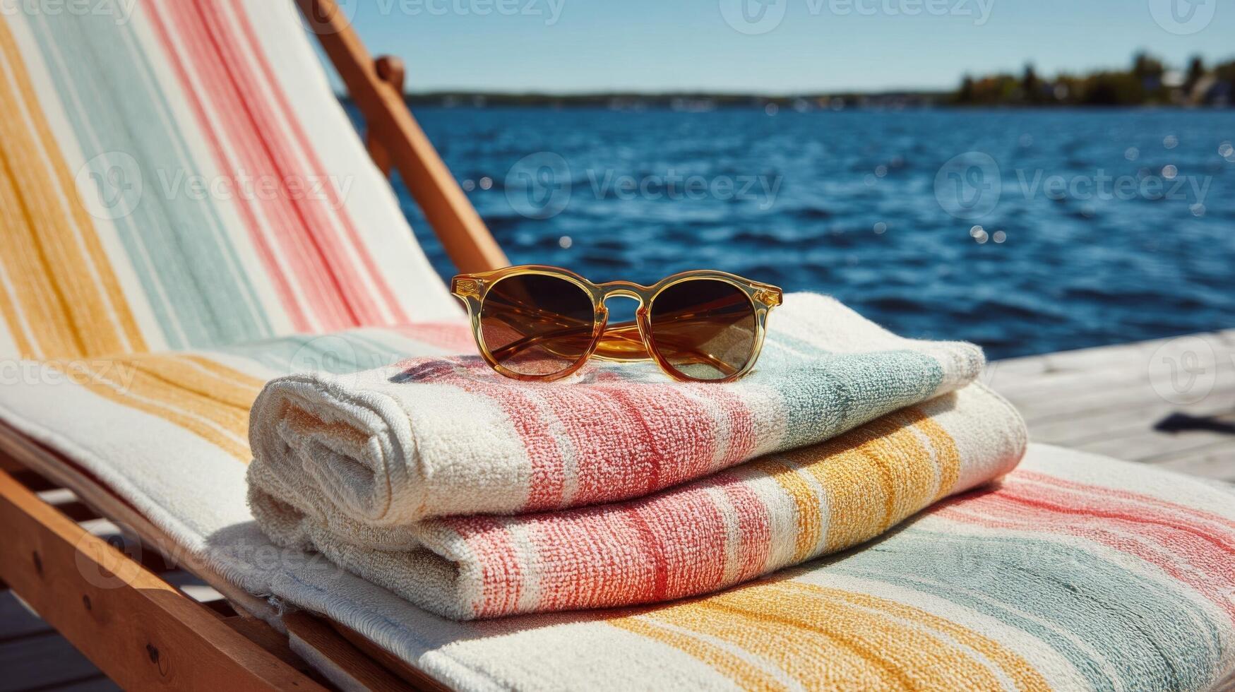 Summer Beach Relaxation Striped Towels and Sunglasses on a Chaise Lounge photo