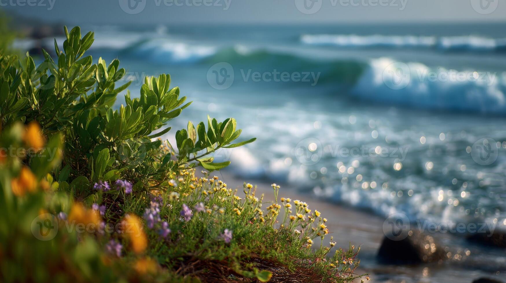 Coastal Flowers and Ocean Waves at Sunrise photo