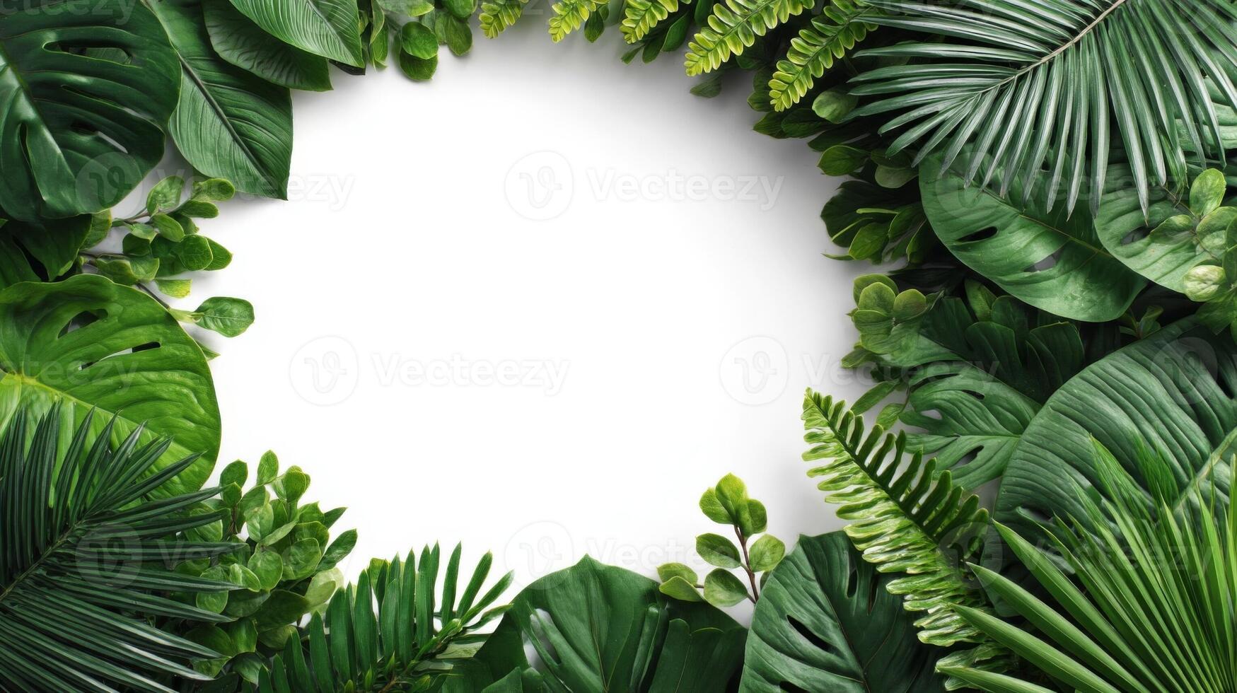 Lush Green Tropical Leaves Frame on White Background photo
