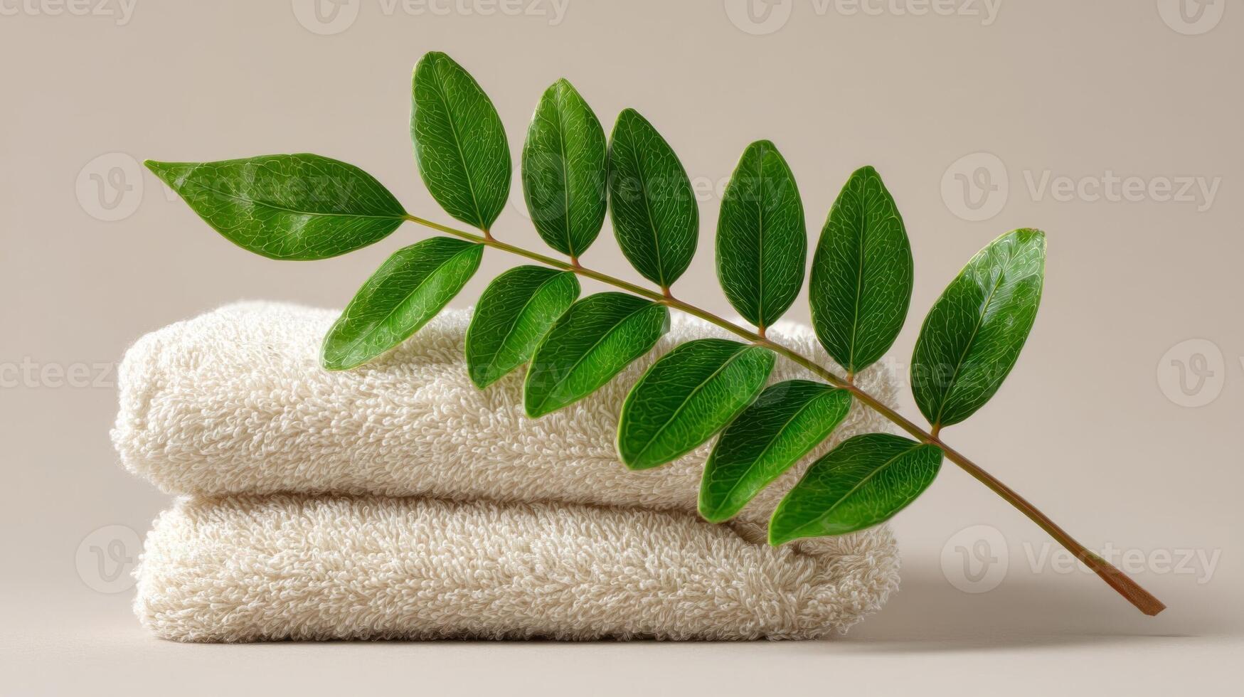 Beige Towels and Green Leaves on Neutral Background photo