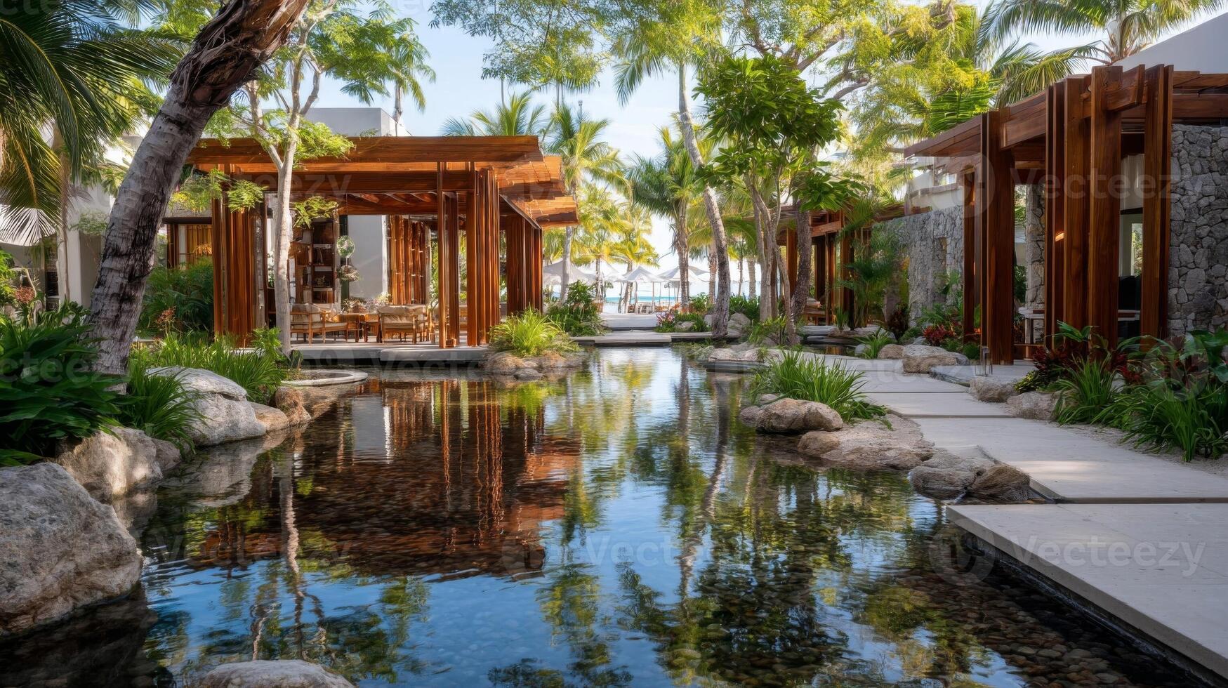 Tranquil Tropical Resort Courtyard with Pool and Wooden Structures photo