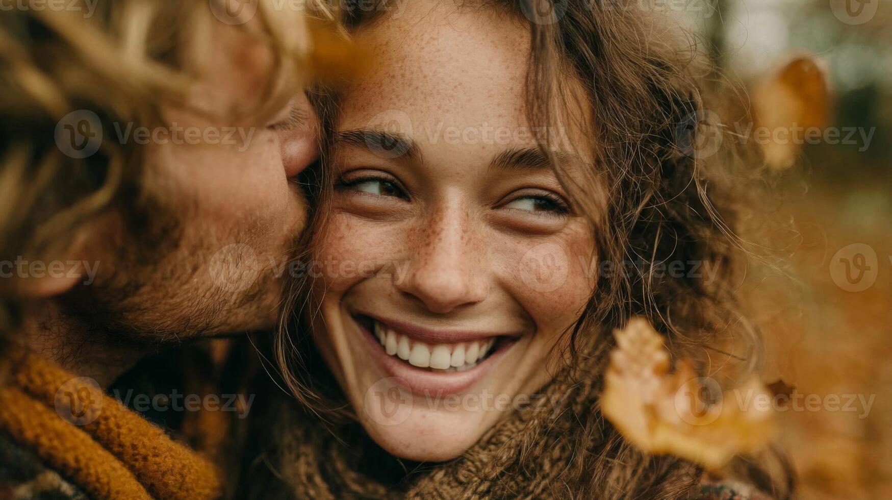 Affectionate Couple Kissing Amidst Falling Autumn Leaves photo