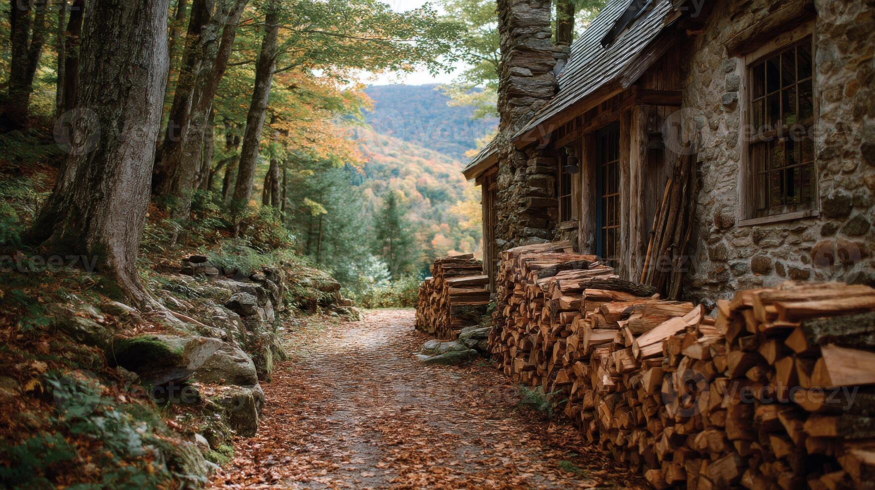 Rustic Stone Cabin Path in Autumn Woods photo