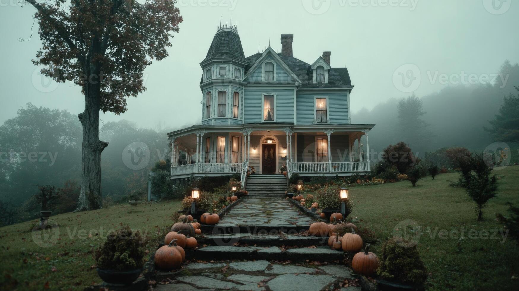 Victorian House on a Foggy Autumn Evening photo