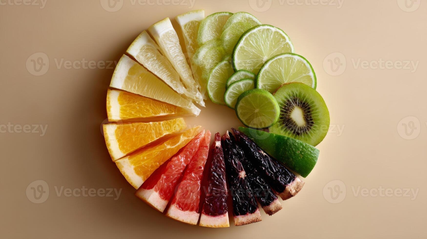 Colorful Citrus Fruit Slices Arranged in a Circle on Beige Background photo
