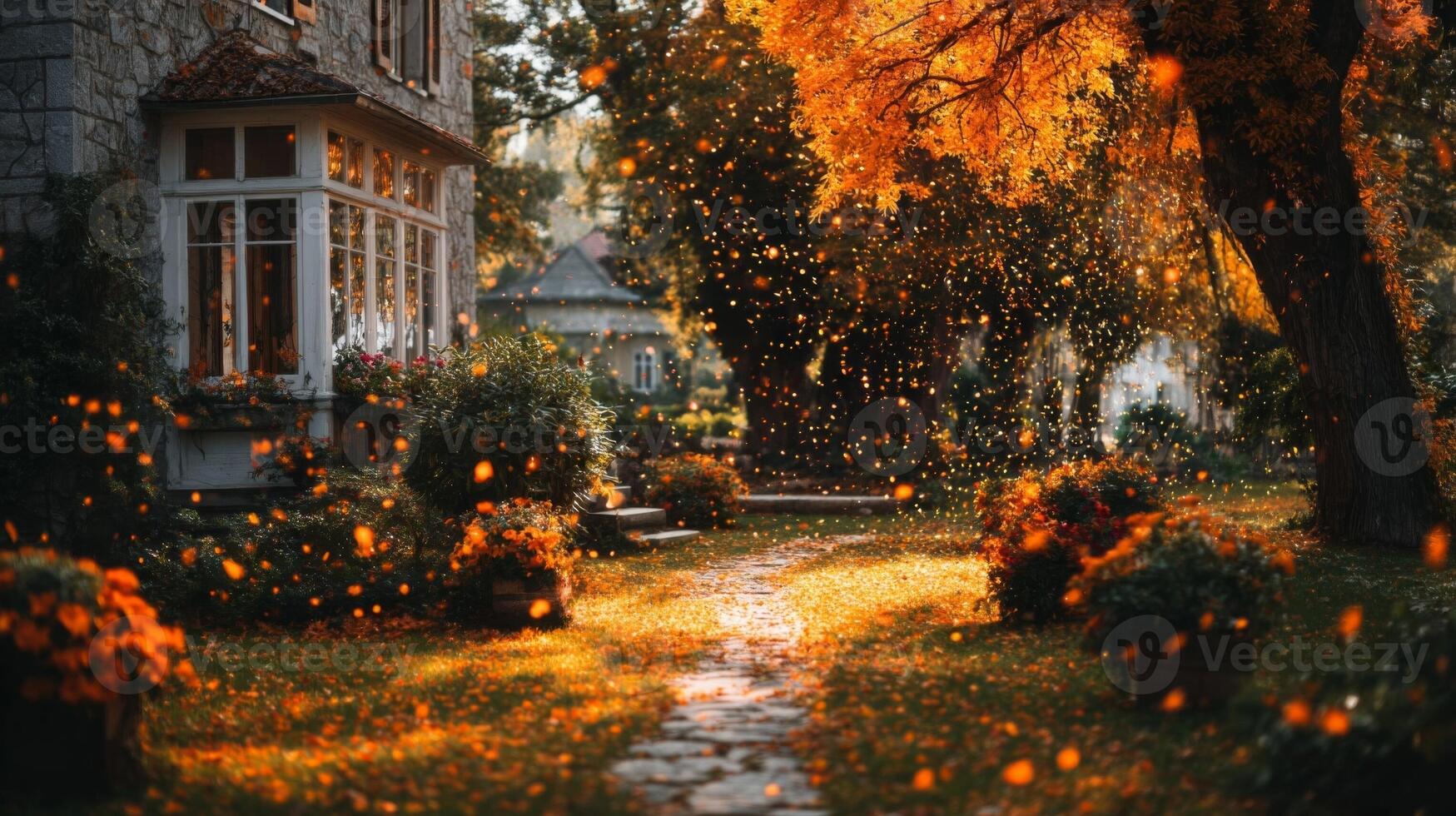 Autumnal Garden Scene with Falling Leaves and Stone Path photo