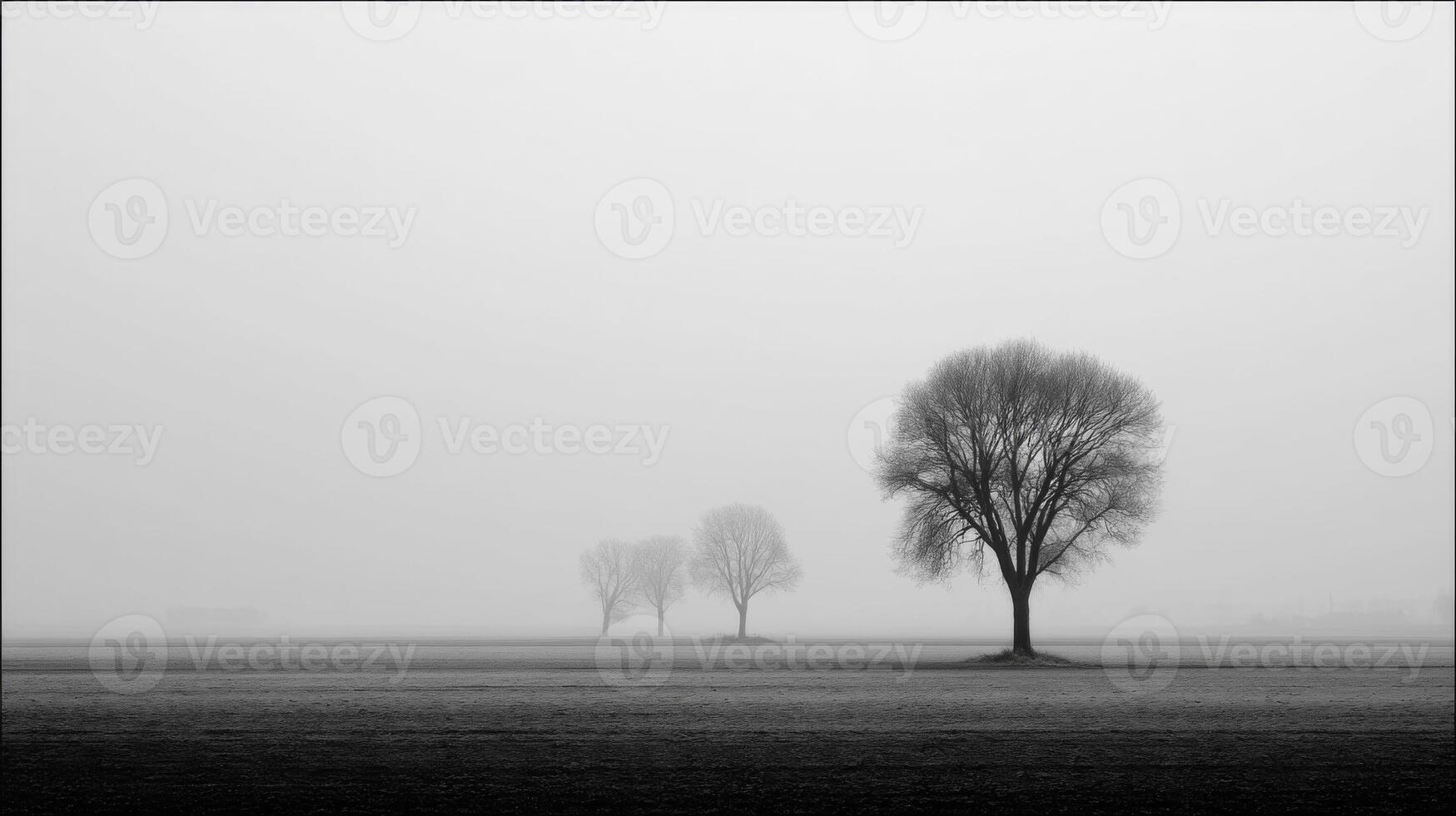 Solitary Trees in Foggy Field Black and White Landscape photo