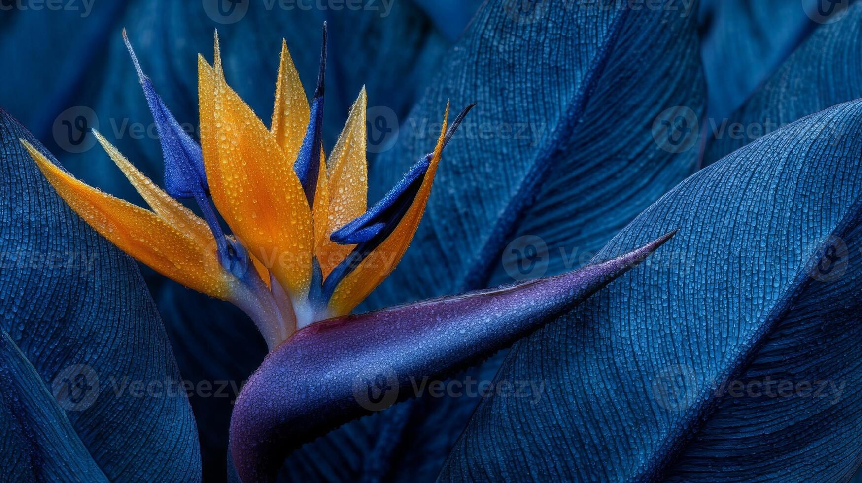 Orange Bird of Paradise Flower with Blue Leaves and Water Droplets photo
