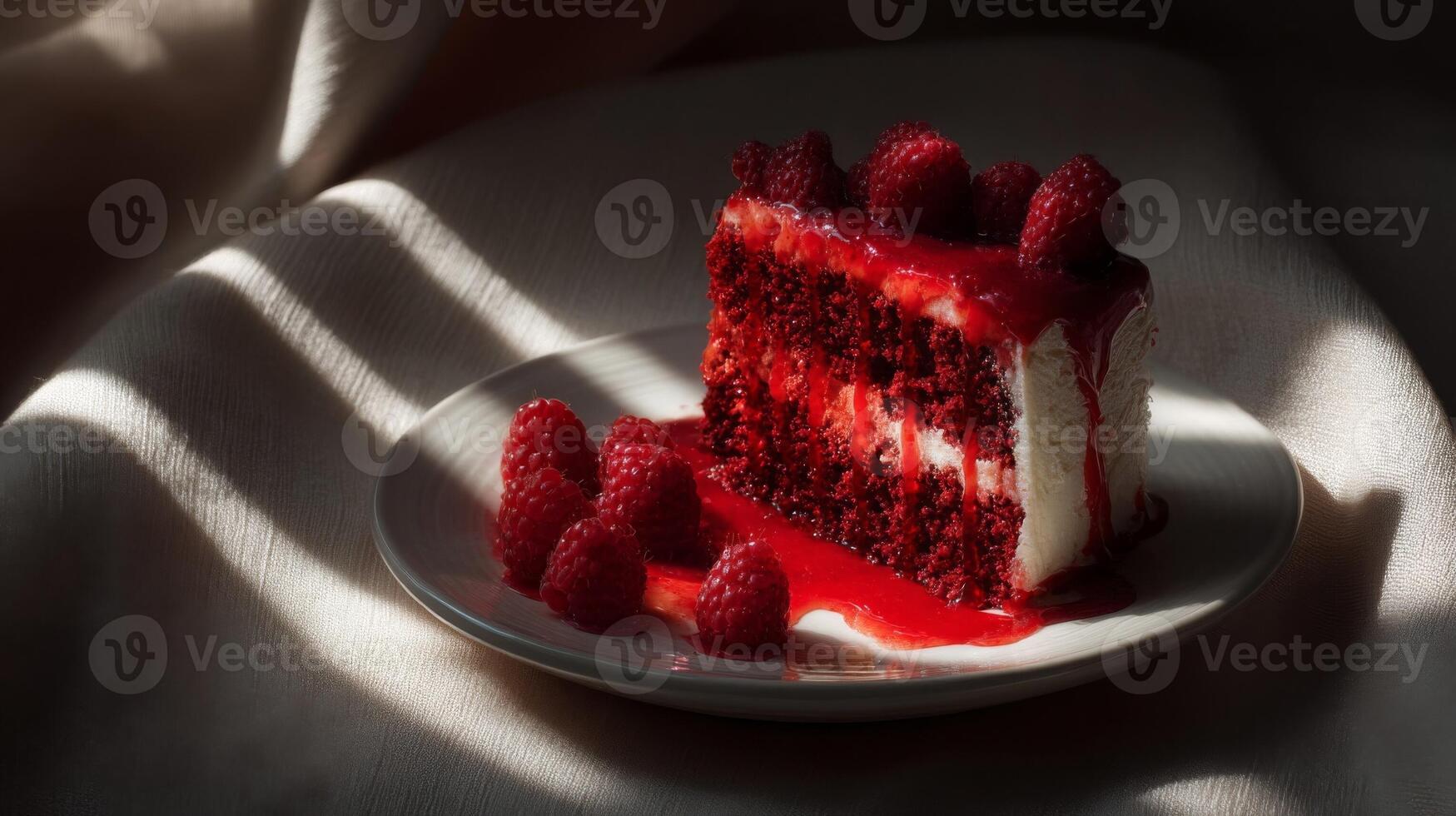Red Velvet Cake with Raspberries and Sauce photo