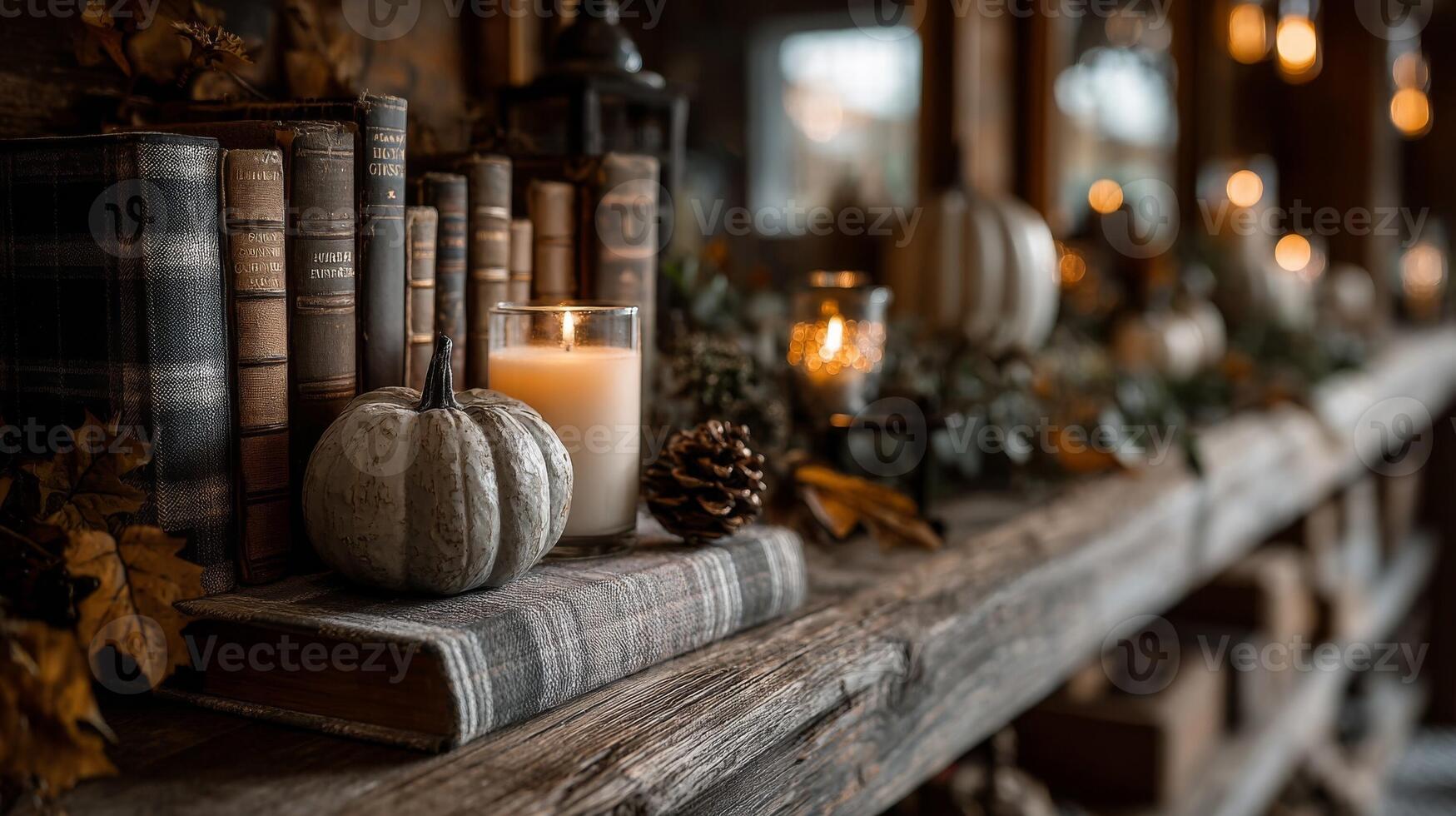 Rustic Autumn Decor with Candles and Books photo