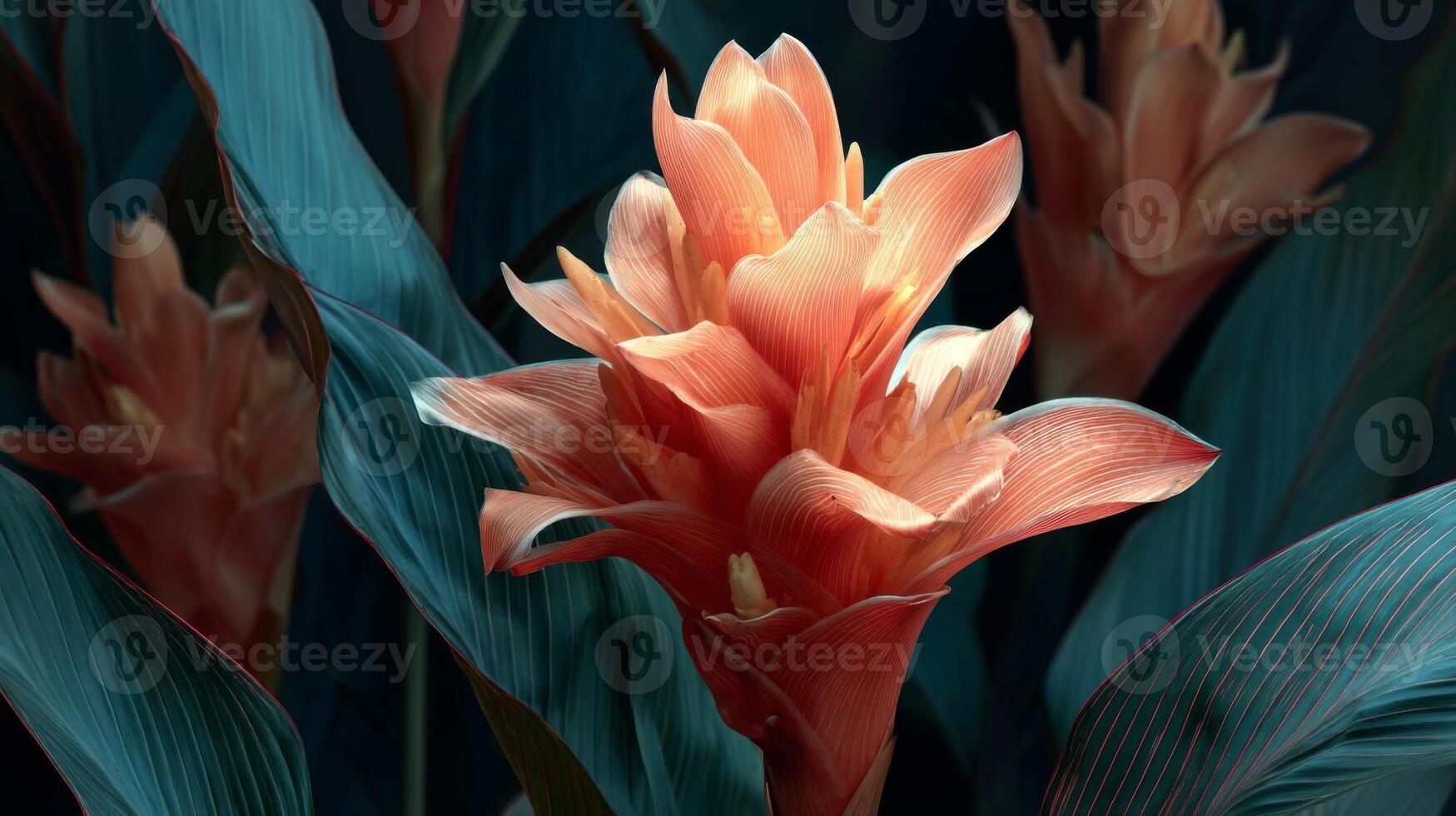 Coral Orange Flower with Teal Leaves Macro Photography photo