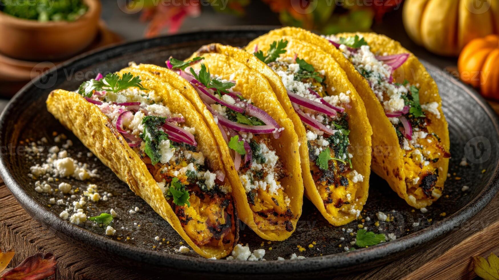 Three Delicious Tacos with Cheese and Red Onion on Dark Plate photo
