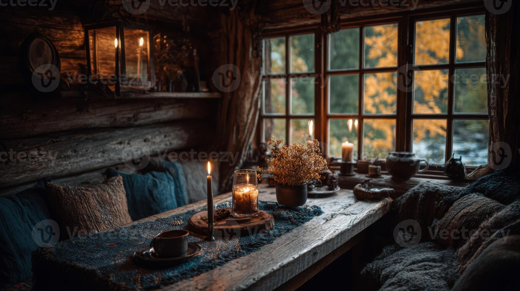 Cozy Rustic Cabin Interior with Autumn Window View photo