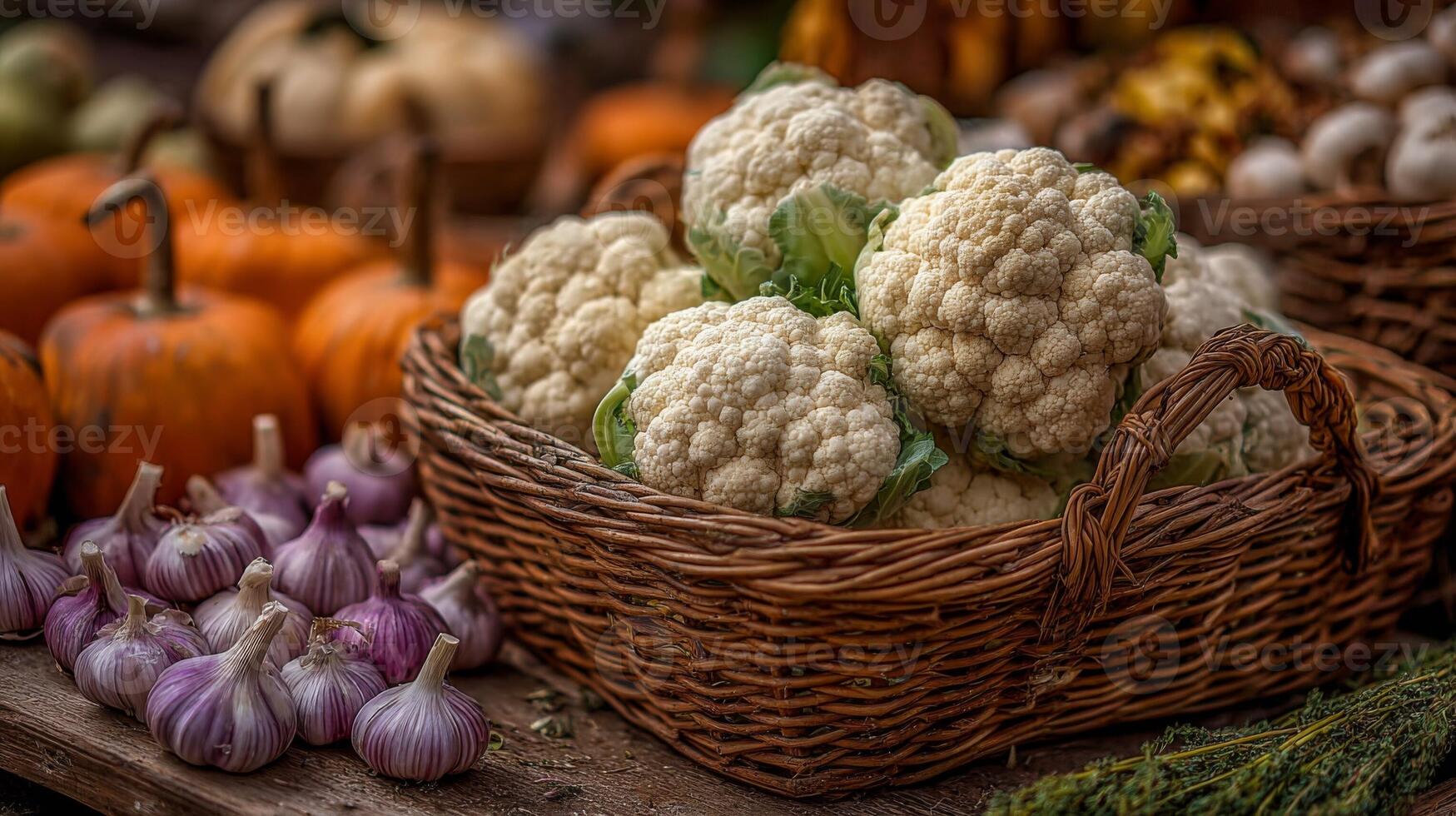 Fresh Cauliflower Harvest with Pumpkins and Garlic photo