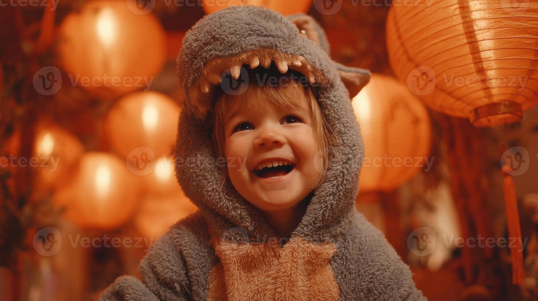 Happy Toddler in Dinosaur Costume with Festive Lanterns photo