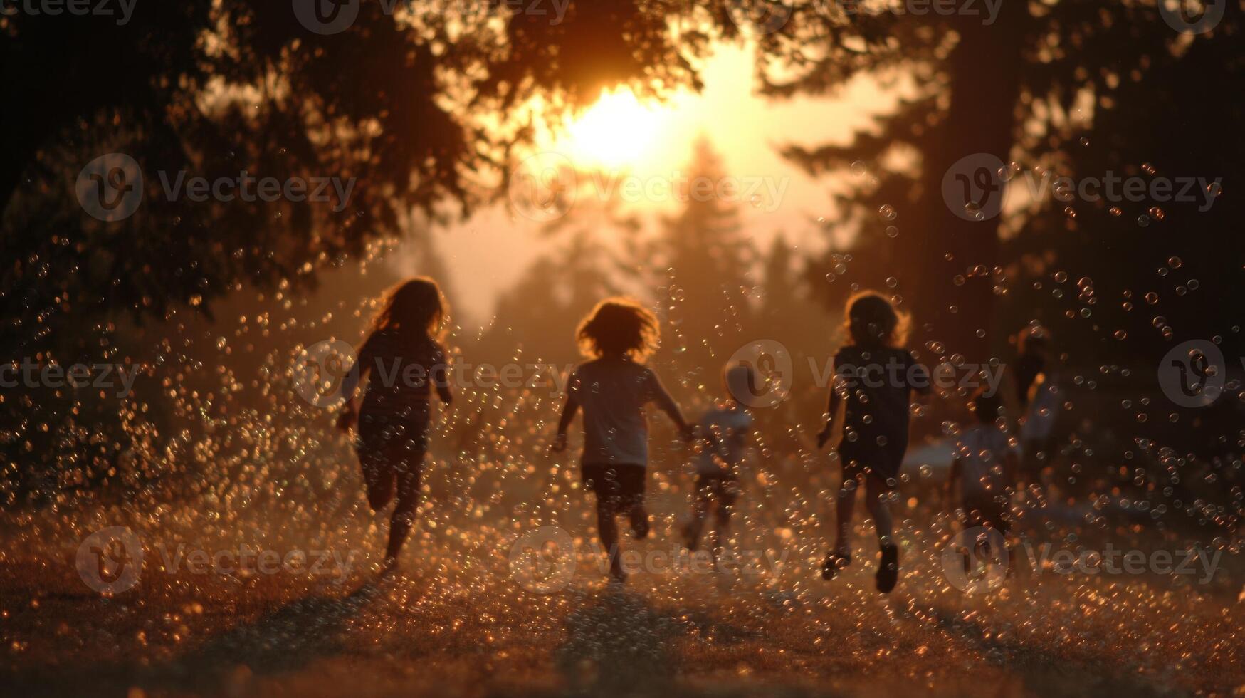 Silhouetted Children Running at Sunset photo