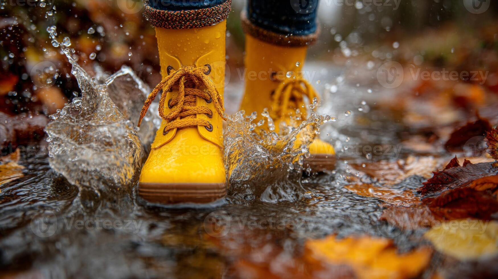 Child Playing in Autumn Puddle with Yellow Boots photo