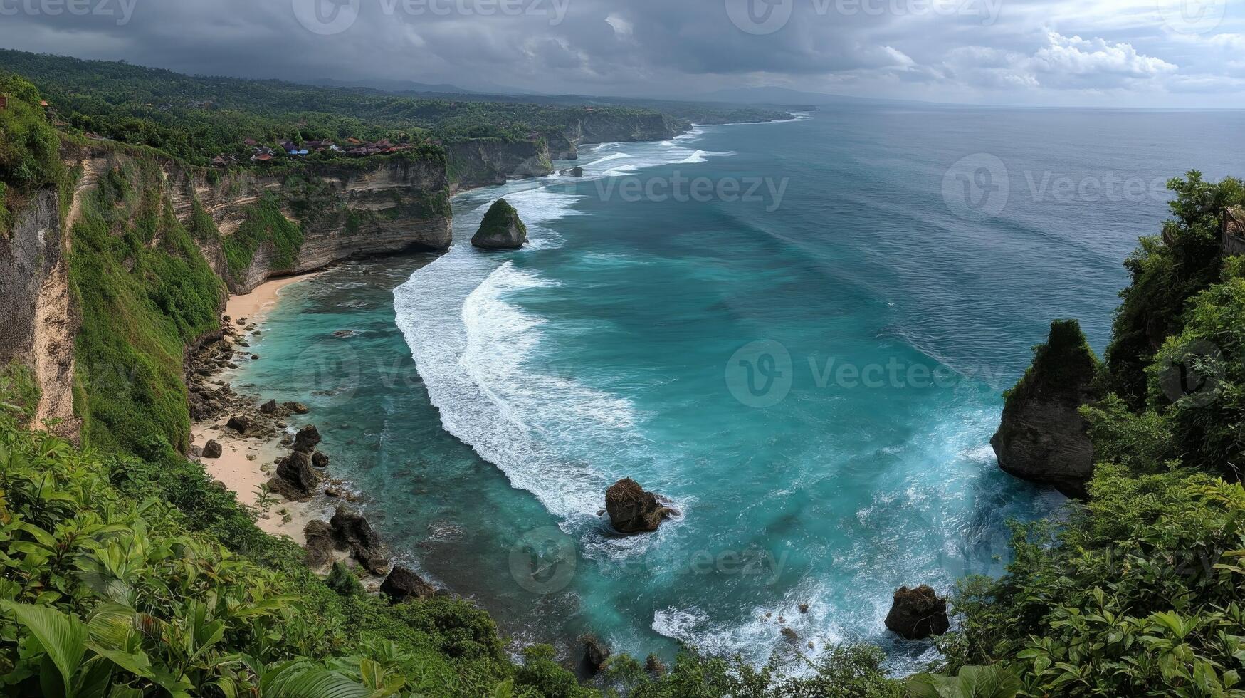 Coastal Panorama Turquoise Ocean Waves Crashing Cliffs photo